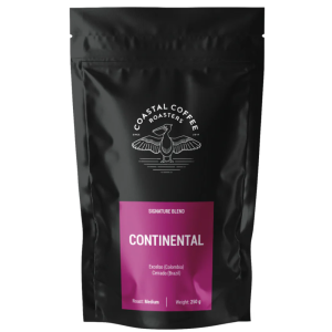 Coastal Coffee Roasters continental blend-Kains Agency Continental Blend medium roast coffee beans made from Colombia Excelso and Brazil Cerrado beans with fruity citrus and floral notes.