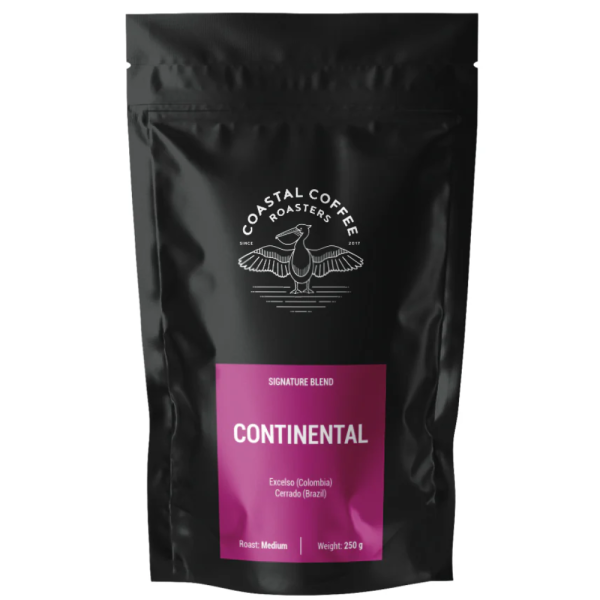 Continental Blend medium roast coffee beans made from Colombia Excelso and Brazil Cerrado beans with fruity citrus and floral notes.